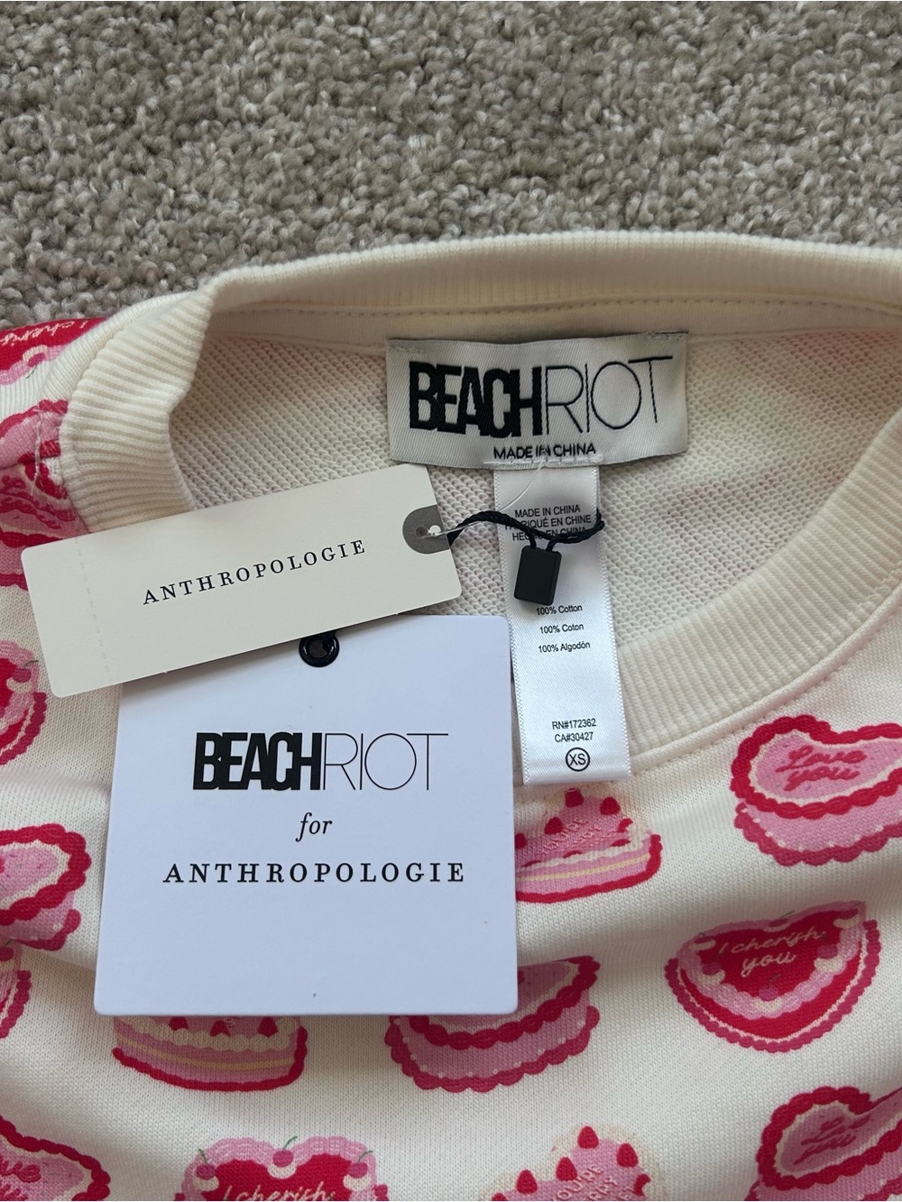 Beach Riot For Anthropologie Devyn Long-Sleeve Cotton Heart Sweatshirt XS & NWT - Picture 6 of 9